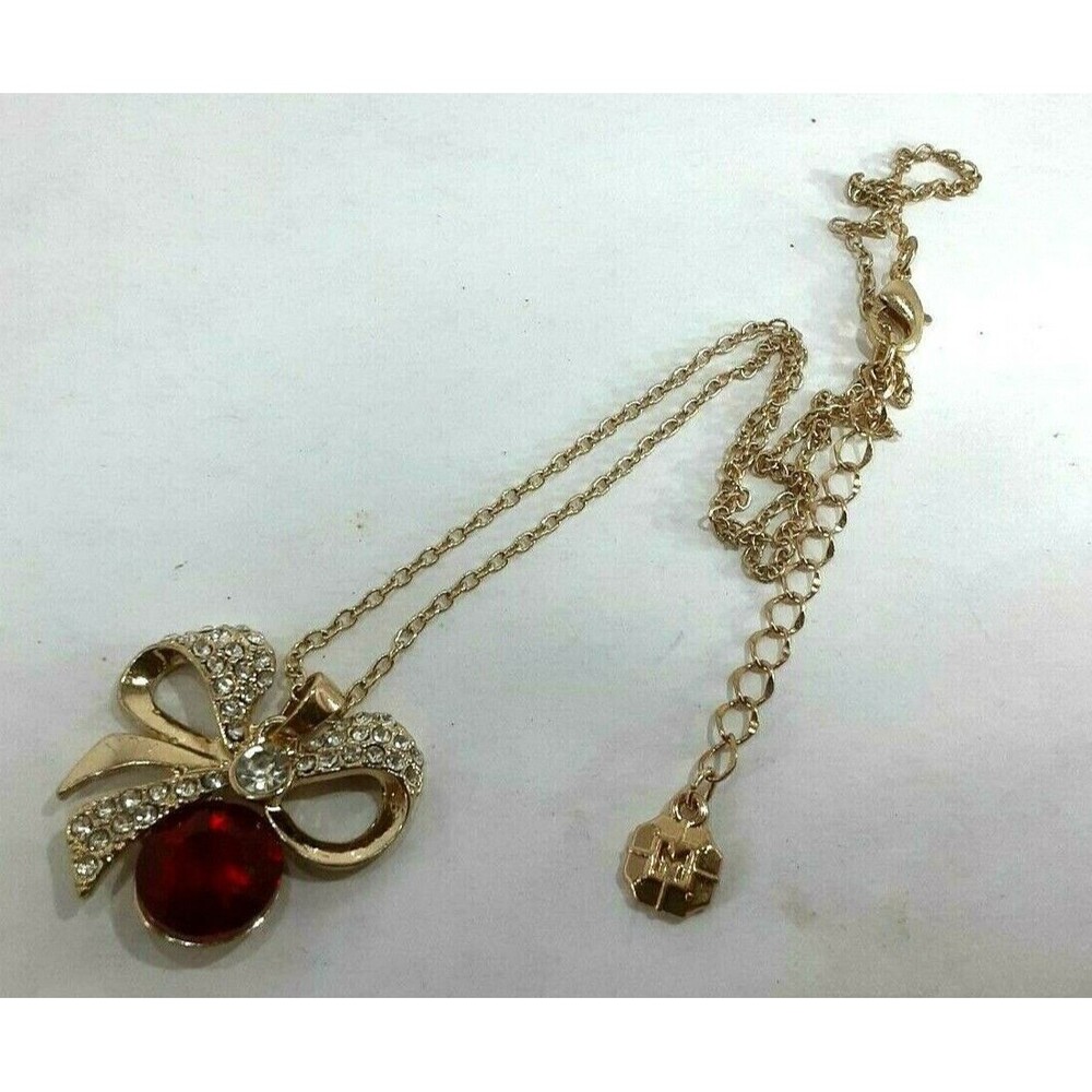 Monet Red Rhinestone Bow Pendant Necklace 16 inch chain